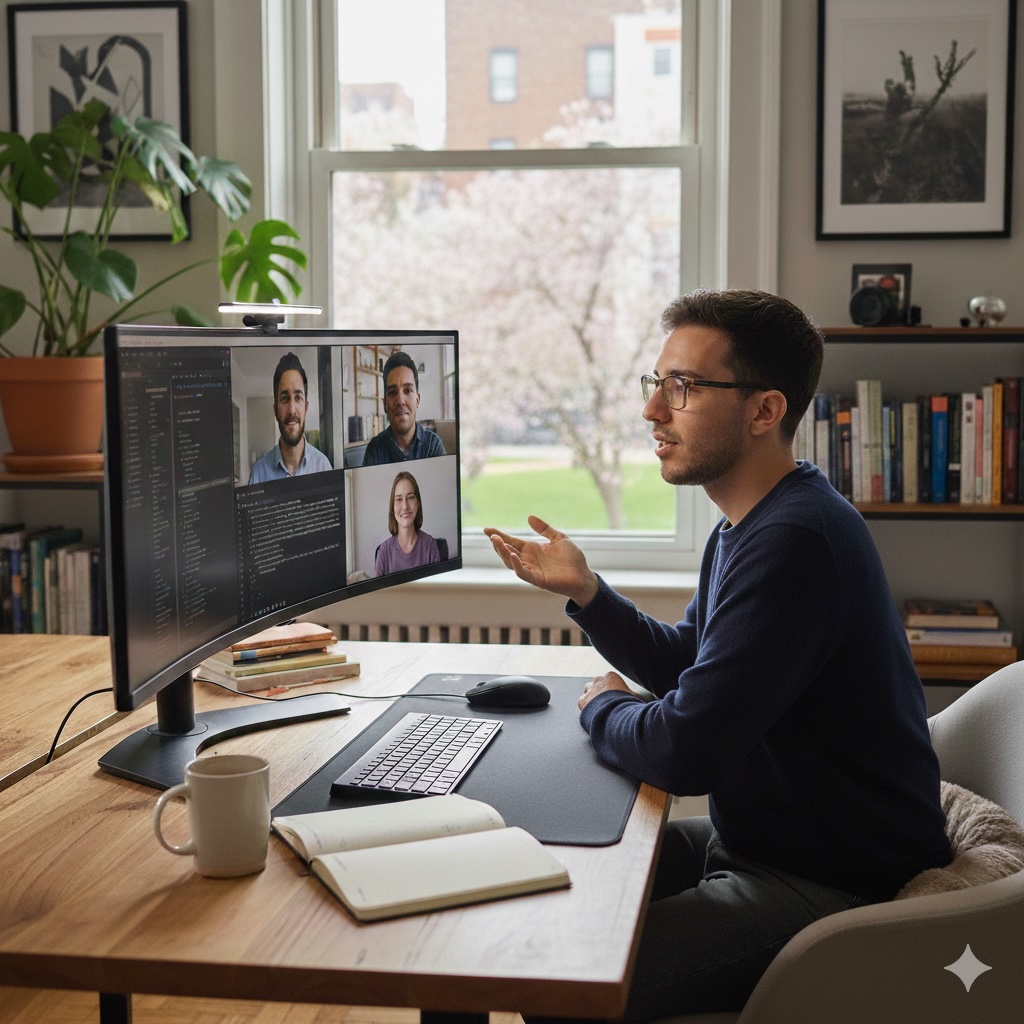 Knowledge worker sitting at desktop having an online meeting. Call participants are visible on a large, curved monitor.